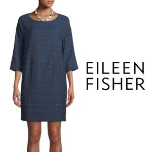 Eileen Fisher Organic Cotton Shizuki Jaquard 3/4 Sleeve Blue Shift Dress - Small